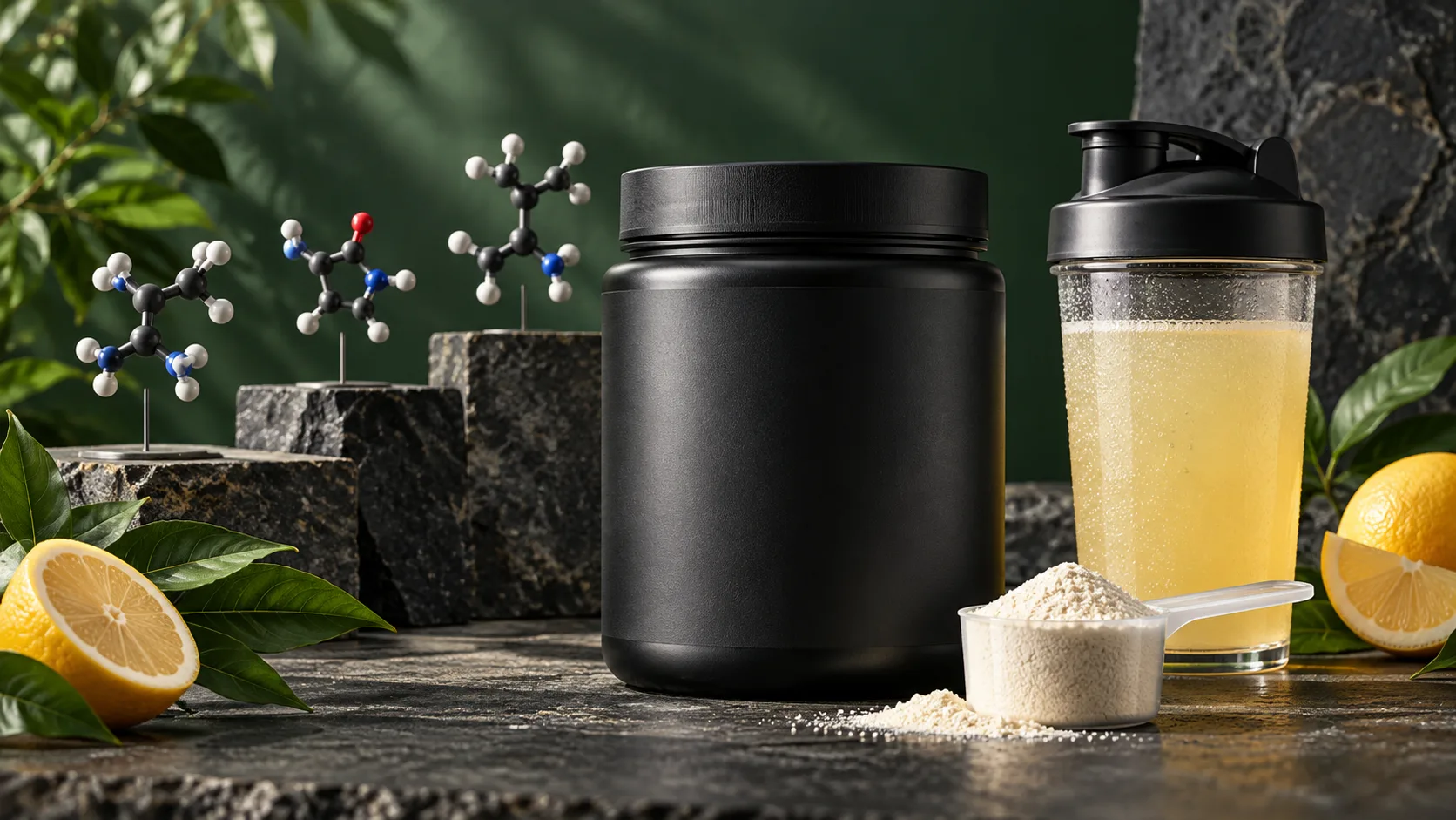 Банка аминокислотного комплекса BCAA, мерная ложка с порошком и напиток