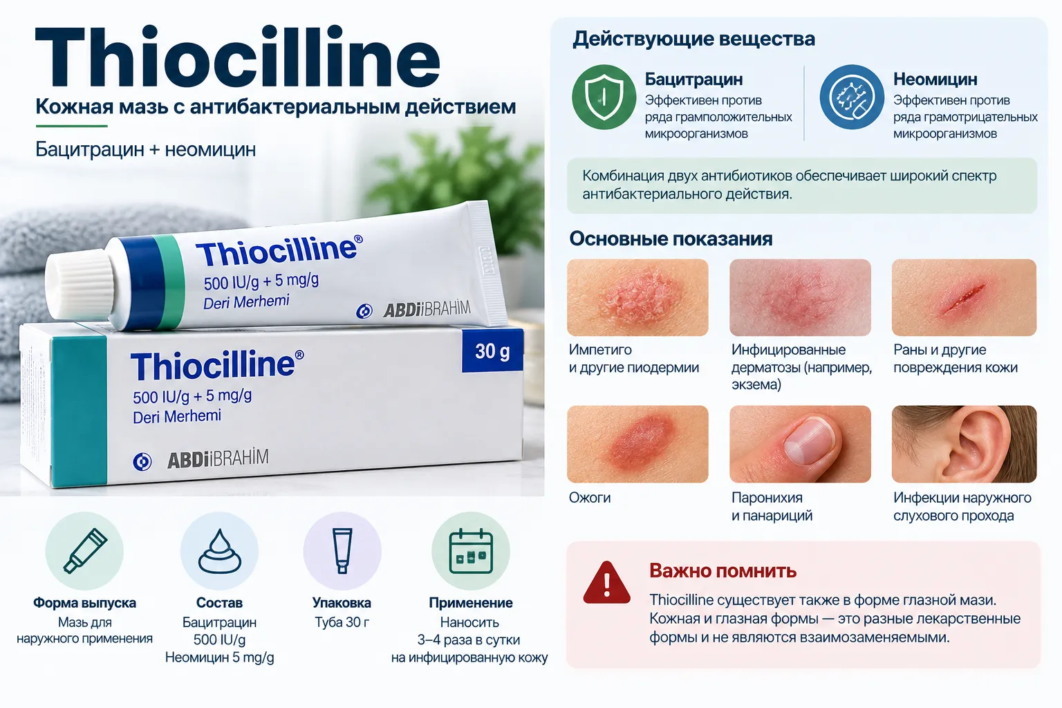 Кожная мазь Thiocilline с бацитрацином и неомицином