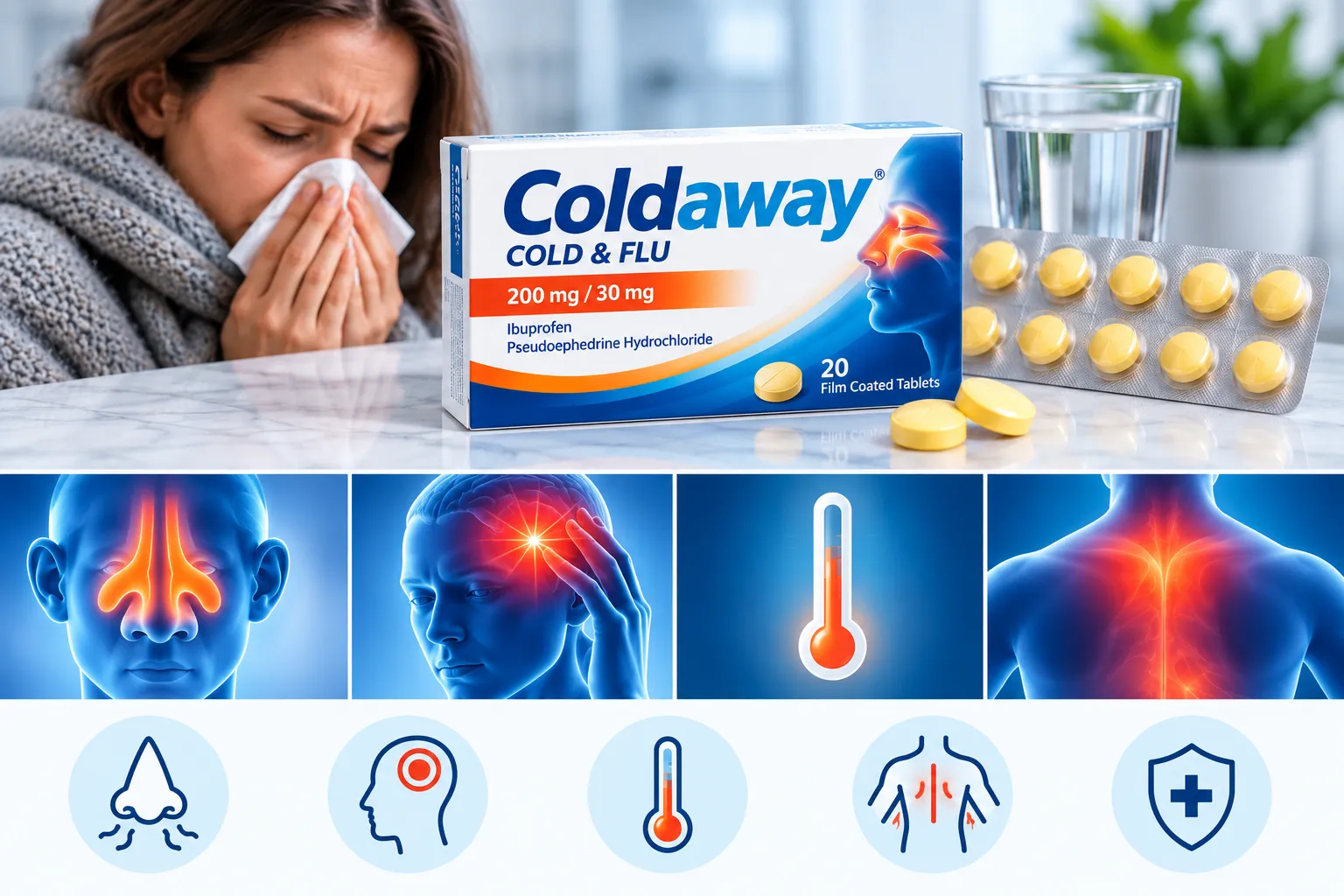 Состав Coldaway Cold & Flu — ибупрофен и псевдоэфедрин