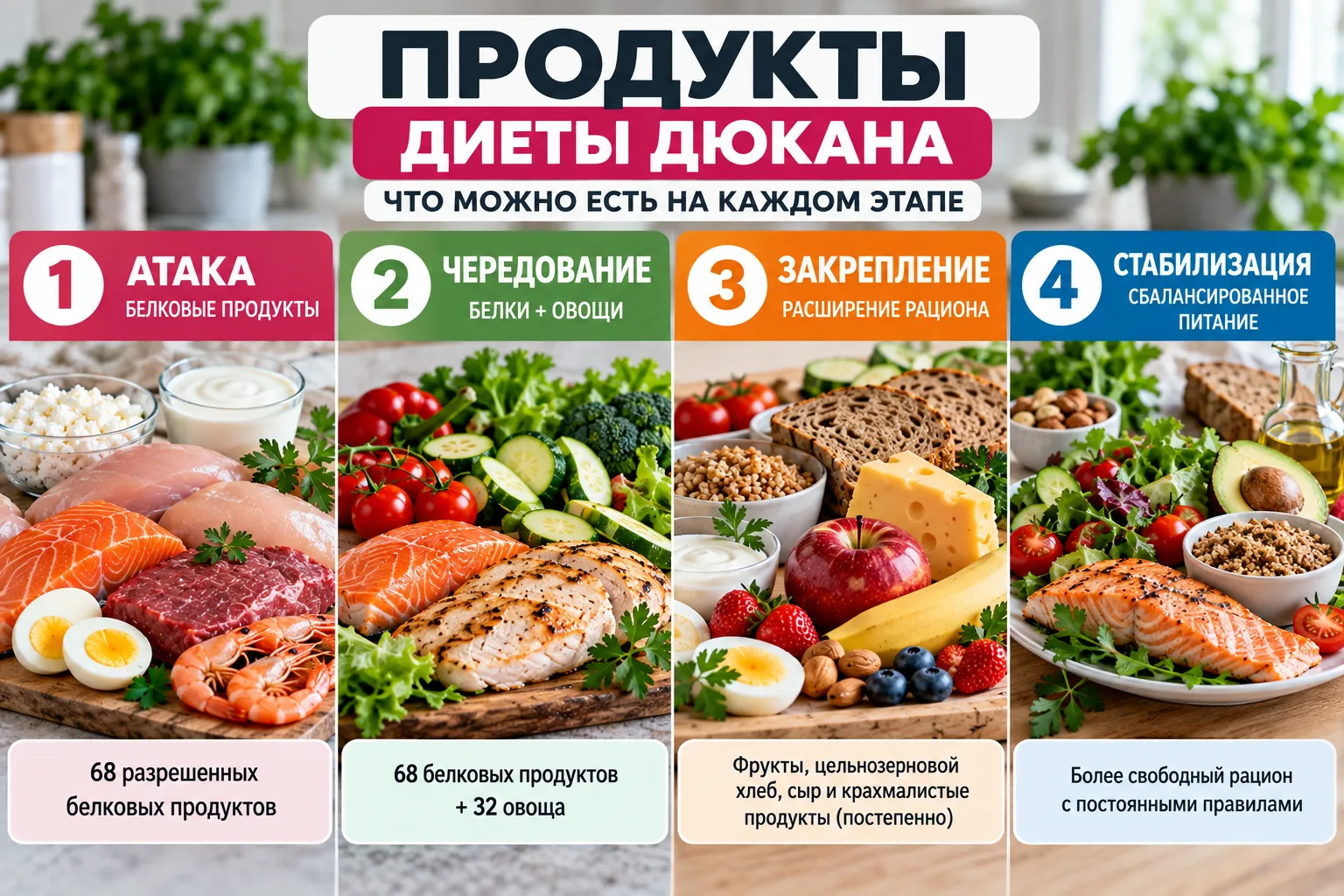Продукти дієти Дюкана за етапами — білкові продукти, овочі, фрукти та крупи