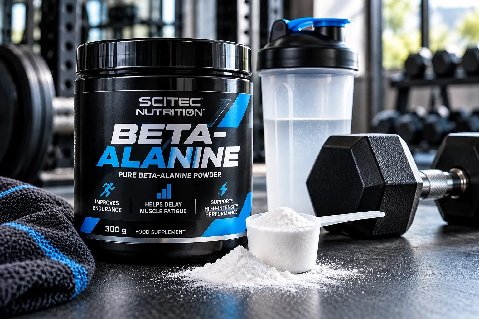  Банка бета-аланіну Scitec Nutrition, мірна ложка з порошком, шейкер і гантелі у тренажерному залі